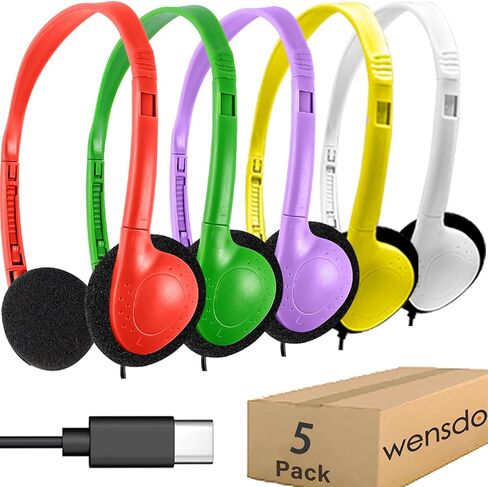 USB Type C Kids Headphones Bulk 5 Pack for School Classroom Students, On-Ear USB C Wired Headset Class Set Compatible with Chromebook Computer Laptop (HY857C,5 Mixed) in Saudi Arabia