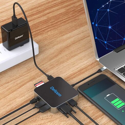 USB C Hub Docking Solution,Delippo 8 in 1 with Charger dongles Gigabit Ethernet Port, PD Type C Charging,4K HDMI,1080 VGA, SD TF Card Reader, 2 USB A Ports in Saudi Arabia
