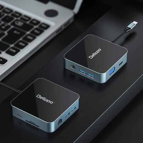 USB C Hub Docking Solution,Delippo 8 in 1 with Charger dongles Gigabit Ethernet Port, PD Type C Charging,4K HDMI,1080 VGA, SD TF Card Reader, 2 USB A Ports in Saudi Arabia