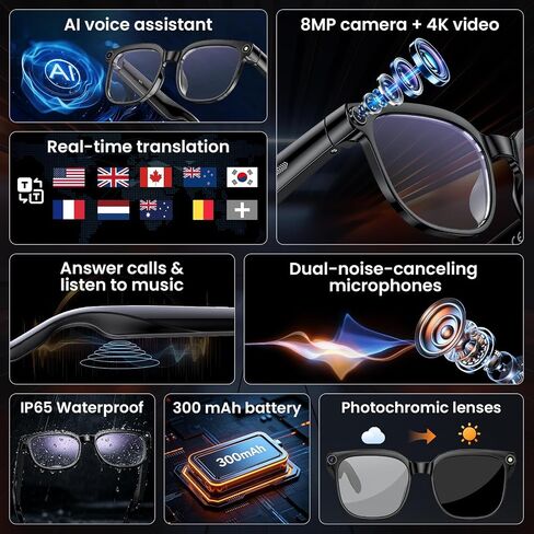 Hwagol Smart Glasses with Camera, 8MP HD Photo and Video Recording,AI Glasses with Real-Time Translation/Object Recognition/AI Voice Q&A/Recording, Calls and Music in Kuwait