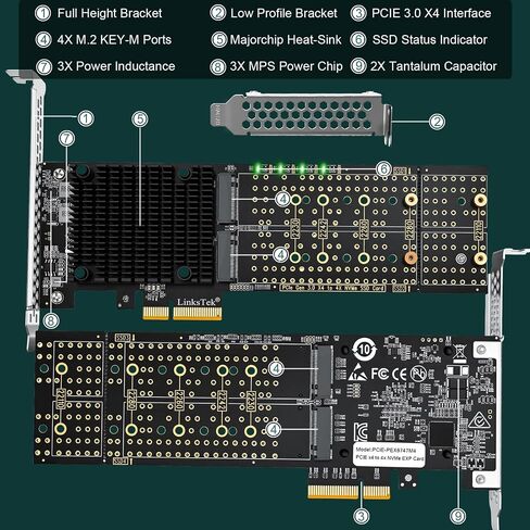 PCIE-PEX8747M4 PCIE 3.0 x4 Interface to 4-Port NVME M.2 SSD Expansion Card for Desktop PCs, Broadcom PLX PEX8747 PCIE Gen 3.0 Switch, 32Gb/s Bandwidth, On-Card PCIE Bifurcation, for Storage & Boot in Saudi Arabia