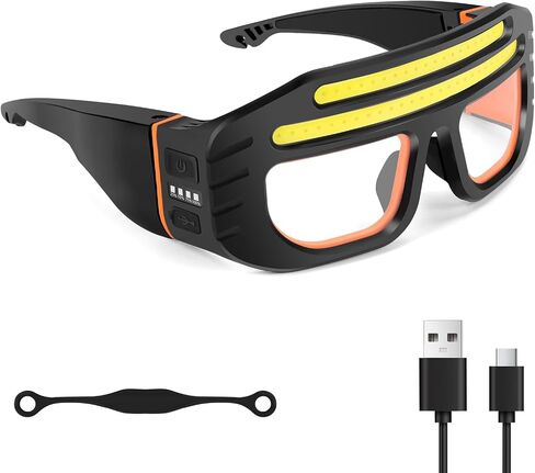 LED Glasses Rechargeable Headlight with COB Light and Clear PC lens, Hands-Free Flashlight Glasses for Mechanics, Night Running Cycling Camping Fishing - Water Resistant Headlamp for Adults in Saudi Arabia