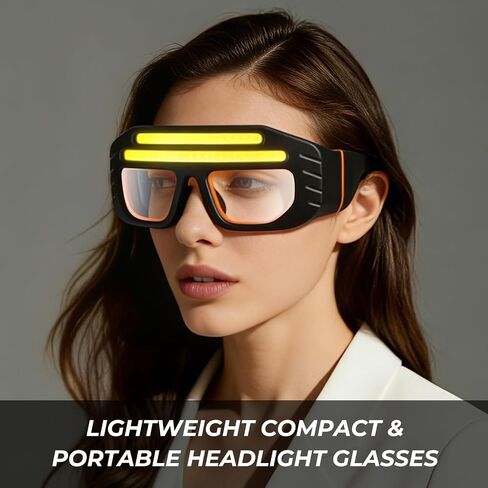 LED Glasses Rechargeable Headlight with COB Light and Clear PC lens, Hands-Free Flashlight Glasses for Mechanics, Night Running Cycling Camping Fishing - Water Resistant Headlamp for Adults in Saudi Arabia