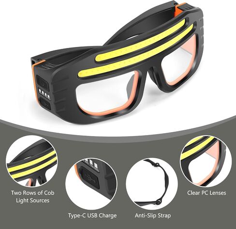 LED Glasses Rechargeable Headlight with COB Light and Clear PC lens, Hands-Free Flashlight Glasses for Mechanics, Night Running Cycling Camping Fishing - Water Resistant Headlamp for Adults in Saudi Arabia