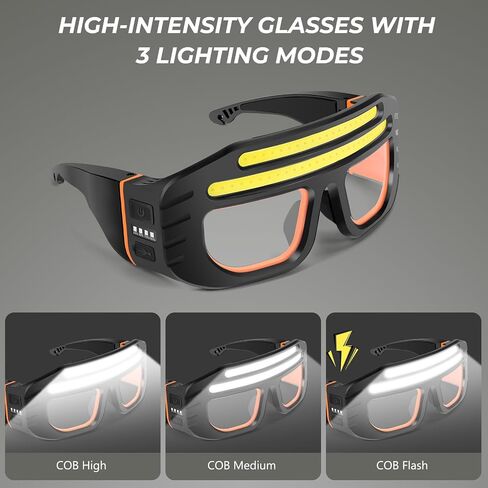 LED Glasses Rechargeable Headlight with COB Light and Clear PC lens, Hands-Free Flashlight Glasses for Mechanics, Night Running Cycling Camping Fishing - Water Resistant Headlamp for Adults in Saudi Arabia