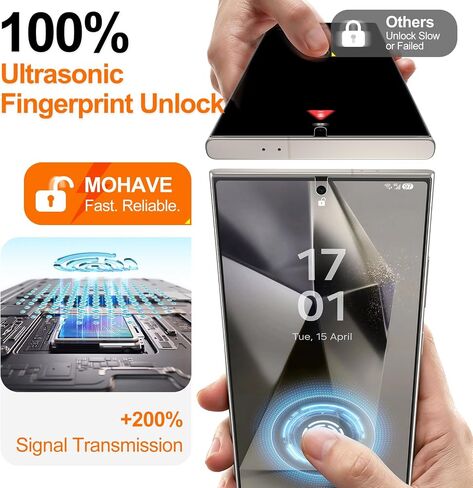 MOHAVE عبوتان من واقي شاشة الخصوصية المضاد للانعكاس لهاتف Samsung Galaxy S24 Ultra [رقم 1 مقاوم للكسر] زجاج مقوى مضاد للتجسس 10 ساعات 24Ultra 6.8 بوصة [سهل التركيب] فتح بصمة الإصبع بالموجات فوق الصوتية بنسبة 100% in Kuwait