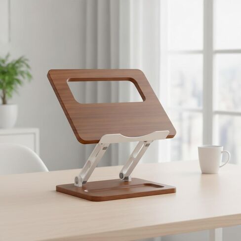 Adjustable Laptop Stand with Wood Grain Finish and Metal Support Arms for Ergonomic Desk Setup Suitable for Home Office Workspace Organization in Saudi Arabia