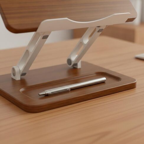 Adjustable Laptop Stand with Wood Grain Finish and Metal Support Arms for Ergonomic Desk Setup Suitable for Home Office Workspace Organization in Saudi Arabia