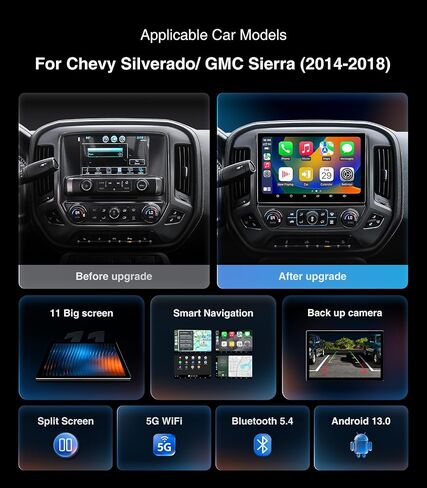 11“ Car Radio Stereo for Chevy Silverado 2014-2018 GMC Upgrade 5G WiFi 4+64G Wireless Carplay/Android Auto/GPS/Bluetooth/FM Radio/1080P SWC in Saudi Arabia