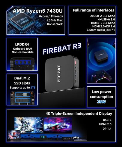 FIREBAT Mini PC AMD Ryzen5 7430U (up to 4.3GHz), LAN/Wi-Fi 6/BT 5.2, Type-C/HDMI/DP, 4K @60Hz Support, 16GB LPDDR4, 512GB SSD (Expandable),Silent,Use in Education, Office, and Home Entertainment【R3】 in Saudi Arabia