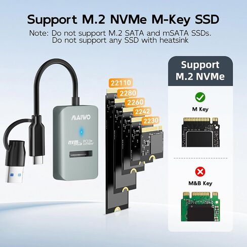 MAIWO M.2 NVMe to USB Adapter, Tool-Free PCIe NVMe SSD Enclosure Reader, 10Gbps USB 3.2 Gen2x1 USB C+A NVMe Dock with UASP Trim, 8TB Capacity in Saudi Arabia