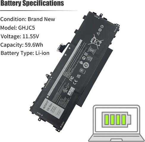 59.6Wh GHJC5 Laptop Battery Compatible with Dell Latitude 9420 9430 Latitude 9420 2-in-1 9430 2-in-1 Series 0JJ4XT JJ4XT 0VTH85 VTH85 3VV58 06VJ1F 6VJ1F 09YD1V 9YD1V [11.55V 4900mAh 3-Cell] in Kuwait