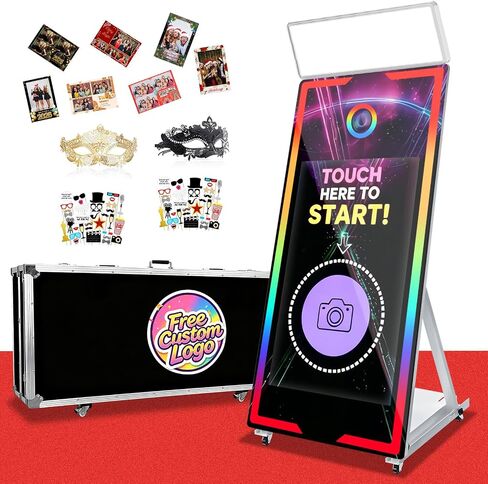 Magic Mirror Photo Booth 65" with 43" Interactive Touch Screen Built-in PC,Mirror Photo Booth with Flight Case App Remote Music Sync RGB Light Instant Print and Share for Party Wedding Event Rental in Saudi Arabia