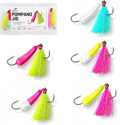 FishTrip Pompano Jigs 5 Pack with Teaser Hooks, Surf Fishing Jig Heads Saltwater Stand-Up Banana Shape Swimbait Jigs, O’Shaughnessy Hooks for Redfish Flounder, Multiple Colors, 1/4oz 3/8oz 1/2oz 3/4oz in Saudi Arabia