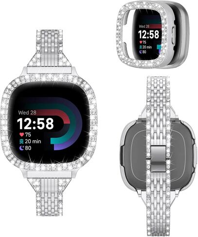 MOFREE Compatible for Fitbit Versa 4 Bands/Fitbit Sense 2 Bands Women with Hard Bling Bumper Protective Case Cover, Dressy Jewelry Diamond Rhinestone Metal Wristband for Fitbit Versa 4/Sense 2 Sliver in Kuwait