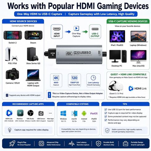 Guermok 4K USB 3.0 Video Capture Card for Streaming with PD 100W, 4K@60FPS in Saudi Arabia