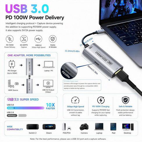 Guermok 4K USB 3.0 Video Capture Card for Streaming with PD 100W, 4K@60FPS in Saudi Arabia
