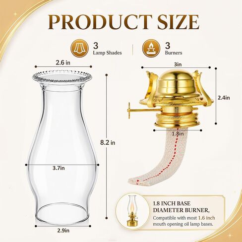 VIHOSE 3 Sets Oil Lamp Chimney Replacement with Brass Plated in Kuwait