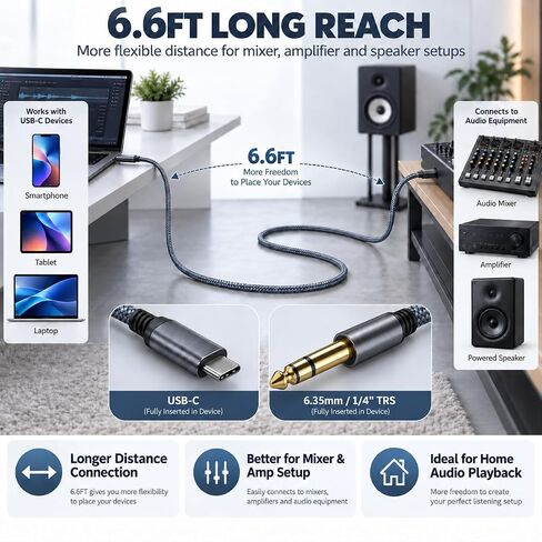 USB C to 1/4 inch TRS Stereo Audio Cable 6.6FT, Built-in DAC Chip Compatible with Android & iPhone 15/16/17, Samsung Galaxy S24, iPad Pro, MacBook for Amplifier, Mixer, Speaker (Audio Output Only) in Kuwait