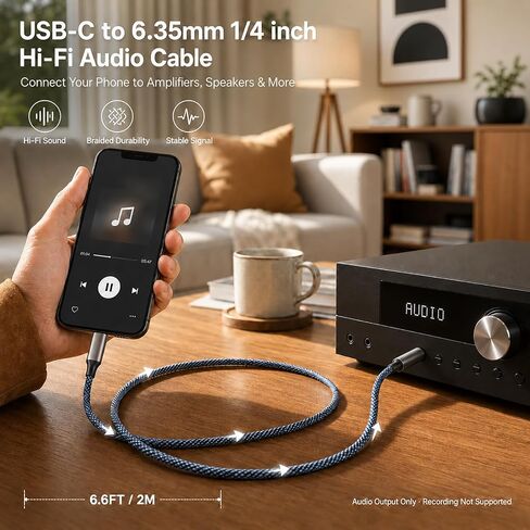 USB C to 1/4 inch TRS Stereo Audio Cable 6.6FT, Built-in DAC Chip Compatible with Android & iPhone 15/16/17, Samsung Galaxy S24, iPad Pro, MacBook for Amplifier, Mixer, Speaker (Audio Output Only) in Kuwait