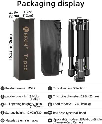59" Aluminum Alloy Camera Tripod, 2 in 1 Travel Tripod with 30mm Ball Head in Kuwait