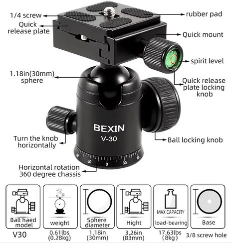 60" Carbon Fiber Camera Tripod, 2 in 1 Travel Tripod with 30mm Ball Head in Kuwait
