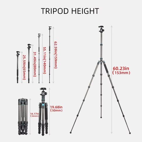 60" Carbon Fiber Camera Tripod, 2 in 1 Travel Tripod with 30mm Ball Head in Kuwait