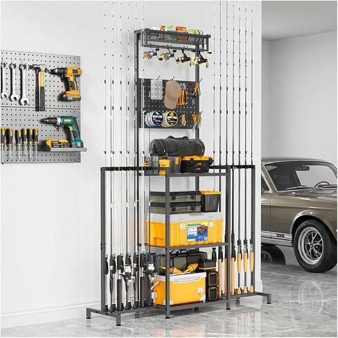 YQSLYSF Fishing Rod Holders for Garage with Pegboard & Metal Mesh Basket, Fishing Rod Storage Rack, Vertical Fishing Pole Holder for Up to 12 -24 Poles, Tackle Gear Organizer in Kuwait