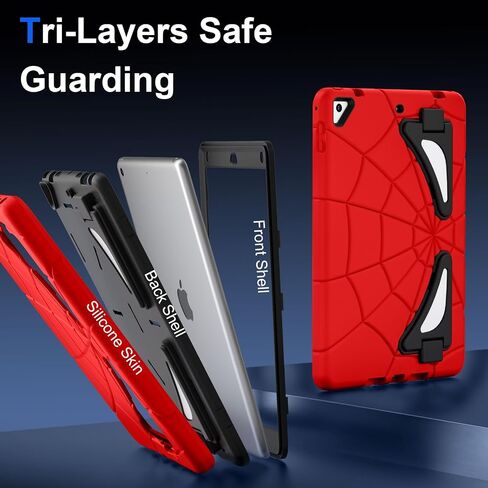 Case for iPad 6th/5th Generation 9.7 Inch 2018/2017, Rugged Full-Body Heavy Duty Soft Silicone Cute Protective Case Kids Boys Girls Cover with Handle Stand for iPad Air 2/Pro 9.7 - Red+Black in Saudi Arabia