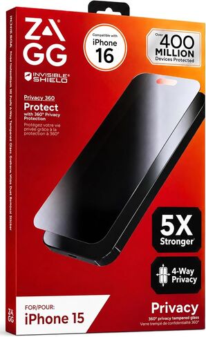 ZAGG Elite Privacy 360 Glass Screen Protector for iPhone 16 / iPhone 15-5X Ultra Strong Tempered Glass, 4-Way Privacy Filter, Scratch Protection, Anti-Smudge, Easy to Install, InvisibleShield in Kuwait