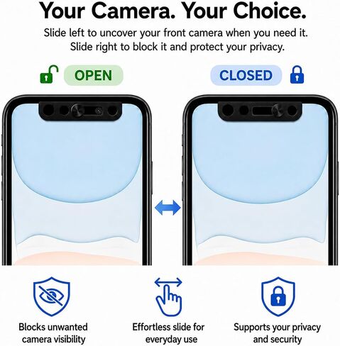 Front Camera Cover Compatible with iPhone 12 Series/11/11Pro/11 Pro Max/X Series, Anti‑Spy Webcam Slide, Lens Protector with Strong Adhesive, Privacy & Security Protector-Black (2 Pack) in Kuwait
