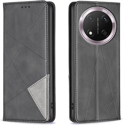 Flip Case for Honor Magic 7 Lite,Rhombus Pattern Premium Leather Wallet Kickstand Magnetic Closure Cover Black in Kuwait