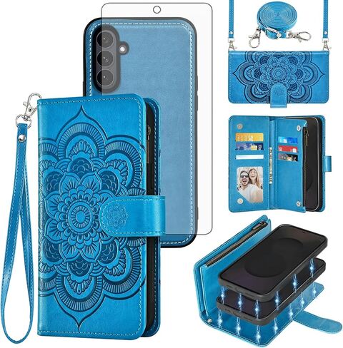 Asuwish Phone Case for Samsung Galaxy S25 FE 5G Zipper Wallet Detachable Cell Cover with Tempered Glass Screen Protector Crossbody Strap Flower Card Holder S 25 EF S25FE 25S 25FE Women Men Dark Green in Kuwait