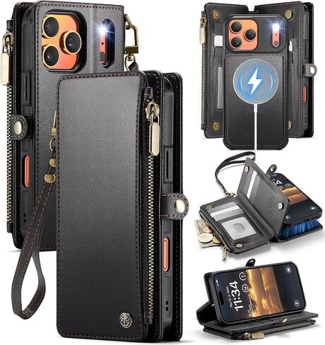 for iPhone 18 Pro/17 Pro Wallet Case with 6 Card Slots, Magnetic Phone Case with Card Holder PU Leather RFID Blocking, Compatible with MagSafe & Wireless Charging, Car Mount Friendly Black in Kuwait