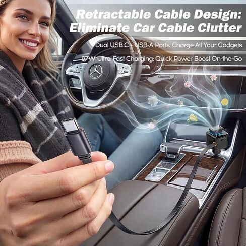 BS-01C 45W Car Charger with Retractable Type-C Cable, 30W USB C & 22.5W USB A Ports, 3-Port Super Fast Charging, Built-in Fragrance Diffuser & Safety Chip (Shop can Purchase Scent Refills) in Kuwait