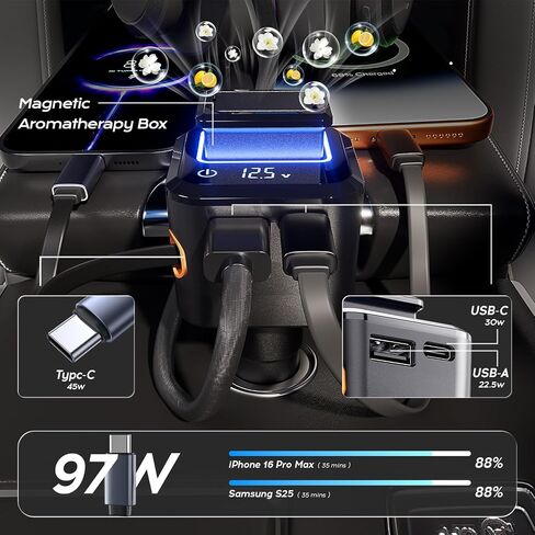 BS-01C 45W Car Charger with Retractable Type-C Cable, 30W USB C & 22.5W USB A Ports, 3-Port Super Fast Charging, Built-in Fragrance Diffuser & Safety Chip (Shop can Purchase Scent Refills) in Kuwait