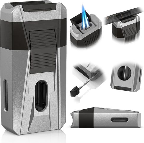 Torch Lighter with V Cutter, Holder, Draw Enhancer Tool, Dual Jet Flame, Windproof Refillable Butane Lighters, All-in-One Cool Lighters Gift for Men, Butane Lighter for Candles, Travel in Saudi Arabia