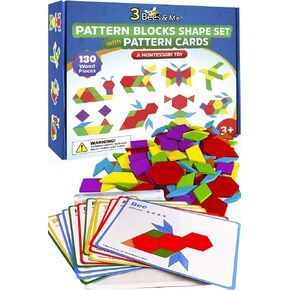 3 Bees & Me Wooden Pattern Blocks - Fun Montessori Learning Toys for Ages 3 to 9 - Tangram Shapes Puzzle Set with 155 Pieces