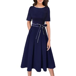 VFSHOW Womens Navy Blue Belted Elegant Pockets Work Office Business Pleated A-Line Midi Dress 10119 BLU L