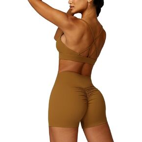 ABOCIW Womens Workout Sets V Neck Strappy Sports Bra Scrunch Butt High Waist Gym Shorts 2 Piece Outfits