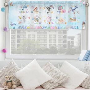 Colorful Sea Animals Valance 54''x18'' Kids Toddler Nursery Bedroom Window Decor Drapes Whale Dolphin Turtle Sea Horse Corals Rainbow Rod Pocket Short Curtains for Kitchen Living Room Bathroom 1 Pack in Saudi Arabia