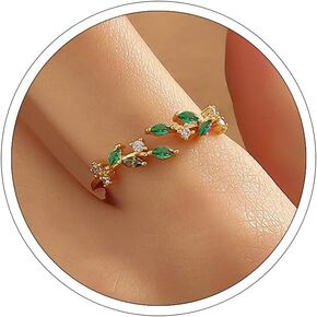 18K Gold Plated Ring | Open Adjustable Ring | Cubic Zirconia Leaf Ring for Women | Dainty Stackable Rings for Women