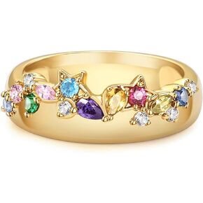14K Gold Plated Rainbow Colorful Mixed Shape Cubic Zirconia Finger Ring for Women Girls Anniversary Birthday Jewelry Gift Ring Stacking Star Band for Women Statement Wedding Ring Minimalist Jewelry Size 5 to 9