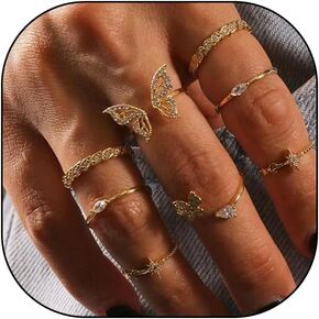FUTIMELY 8Pcs Gold Vintage Butterfly Pearl Zircon Knuckle Rings Sets for Women Teen Girls,Boho Dainty Stackable Midi Finger Rings Sparkling Crystals Jewelry
