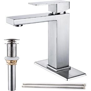 Matte Black Bathroom Faucet, Single Hole Vanity Bath Faucet, Single Handle Modern Stainless Steel Bathroom Faucets for Sink 1 Hole with Pop Up Drain Stopper & Water Supply Hoses