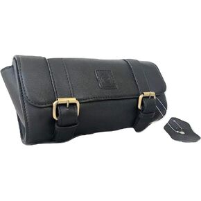 The Vintage Stuff Motorcycle Tool Bag Genuine Leather Motorcycle Fork Bag Saddlebags Handlebar Bag Sissy Bar Storage Tool Bag for Honda Kawasaki Suzuki Yamaha Sportster (Black-1)