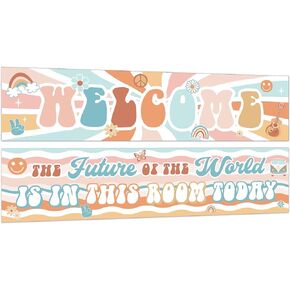 ZOiiWA 2 Pack Groovy Retro Classroom Decorations Boho Groovy Welcome Banner Posters Retro Hippie Bulletin Board Decor Hippie Motivational Banner for Preschool Elementary School Supplies Wall Decor