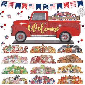 Burbell 13 Pcs Interchangeable Diamond Painting Art Welcome Signs Truck Stand Table Decor DIY Holiday Seasonal Tiered Tray Decoration Diamond Art Ornament Kits with 12 Holiday Icons for Home Wall