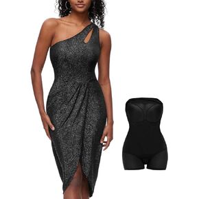 Slimers Dress with Built in Shapewear - One-Shoulder Dresses for Women - Bodycon Midi with Shaper Bodysuit