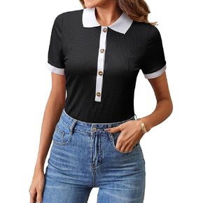 Women's Short Sleeve V Neck Color Block T Shirt Summer Slim Fit Ribbed Knit Basic Tee Polo Work Casual Textured Tops